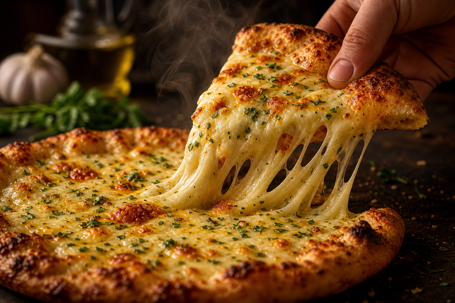 Cheesy garlic pizza with cheese stretch